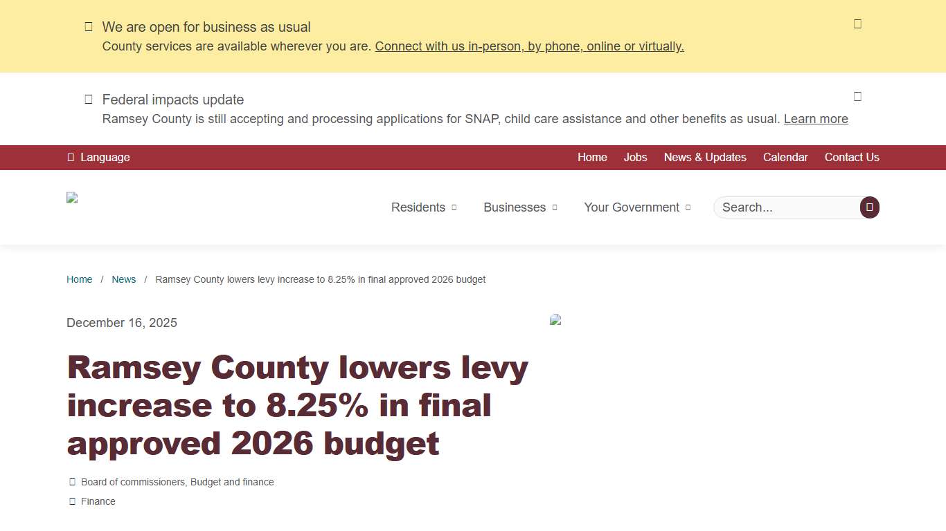 Ramsey County lowers levy increase to 8.25% in final approved 2026 budget | Ramsey County, Minnesota
